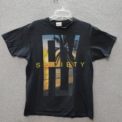 Camiseta Fly Society Hombre Mediana Negra Gráfica Puesta de Sol Palmera Playa Foto 1 de 4