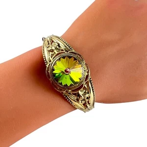 Vintage Victorian Revival Watermelon Rivoli Gold Tone Floral Bangle Bracelet - Picture 1 of 8