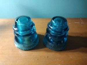 Lot of 2 Vintage Antique Pre 1933 Hemingray 42 Aqua Blue Green Glass Insulators - Picture 1 of 9