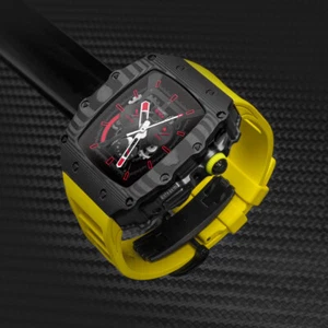 Carbon Fiber Case Bezel for Apple Watch 8 7 SE 6 Fluororubber Band Rubber Strap - Picture 1 of 23
