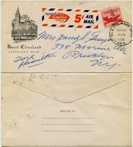 CAPITAL AIRLINES ETIKETTE LUFTPOST HOTEL WERBUNG 1948 DPO CLEVELAND USA GB - Bild 1 von 3