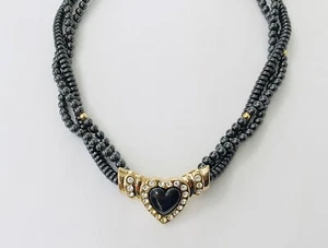 Triple Strands Twisted   Natural Hematite  Heart  & Rhinestone  Necklaces , NEW - Picture 1 of 4