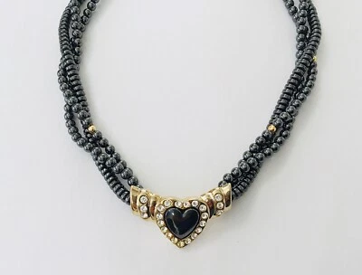 Triple Strands Twisted   Natural Hematite  Heart  & Rhinestone  Necklaces , NEW - Image 1 of 4