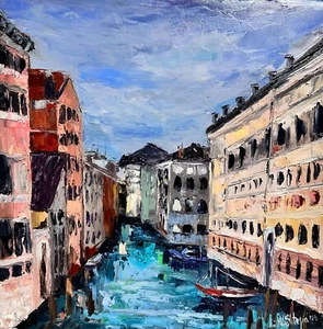 Pintura al óleo original Italia Venecia arte paisaje urbano Impasto texturizado firmado 12x12 pulgadas - Imagen 1 de 9