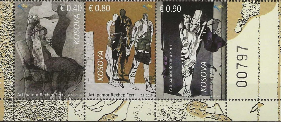 Kosovo 2016 - Obra de arte de Rexhep Ferri, tira de 3 parte inferior de hoja - MNH Foto 1 de 1