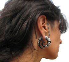 Spiral Tribal Ear Gauge Organic Pair Buffalo Carved Horn/Bone Inlay Stretcher