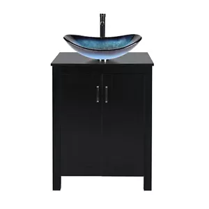 24" Bathroom Vanity Single Sink Bowl Cabinet with Shelf Black Faucet Drain Combo - Picture 1 of 9