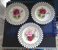 3 Vintage Lefton China Plates, Hand Painted, Lattice Edge, Roses, 8-1/2" 6350Fl