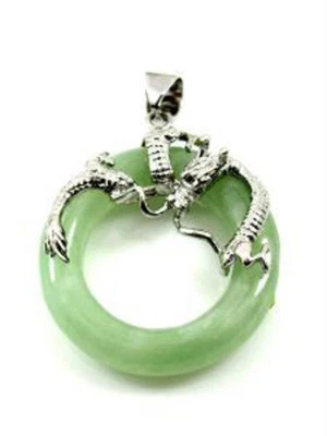 Natural Light Green Jade 18KWGP Dragon Circle Men Women Pendant Chain Necklace - Изображение 1 из 3