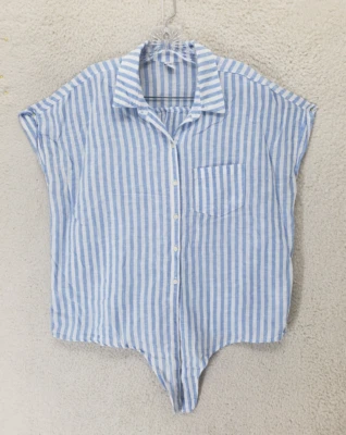 Top de mujer Old Navy grande azul a rayas lino algodón manga corta abotonada informal Foto 1 de 4