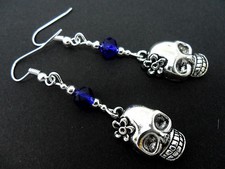 Crystal Bead Dangly Skull Flower Earrings. A Pair Tibetan Silver & Blue
