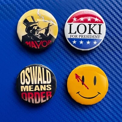 Loki for President Prop Button ☆ Batman Returns Mayor Oswald Watchmen Smiley Pin - Image 1 of 4