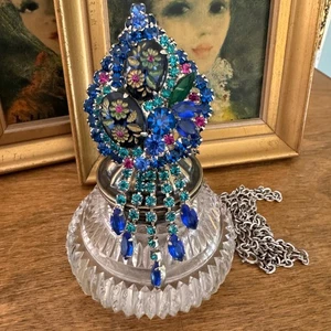 Vintage Juliana Delizza & Elster Oval Engraved Floral Rhinestone Pin Pendant Nec - Picture 1 of 6