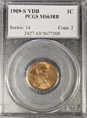 RARE KEY DATE 1909 S VDB US LINCOLN WHEAT CENT PCGS MS63RB - Image 1 of 2