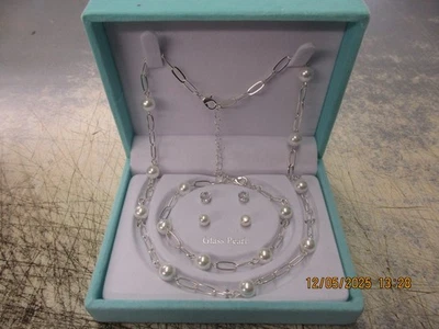 Nuevo Elegante Conjunto de Caja de Regalo Joyería Acento Diamantes de Imitación Tono Plata Perla Vidrio Foto 1 de 2