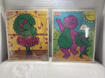 Juego de 2 rompecabezas de madera Barney 1993 vintage | Rompecabezas de bandeja Playskool hechos en EE. UU. Foto 1 de 3
