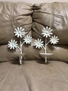 Two Daisy Candle Wall Sconce Metal Glossy White Vintage Retro Cottage 11" - Picture 1 of 8