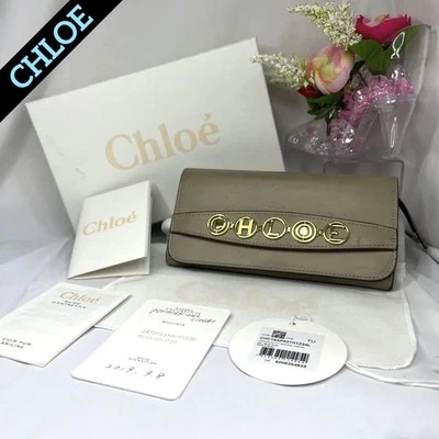 Chloe Mujer Accesorios Raro Billetera Larga Cuero Genuino Plegable Dorado Logo Caqui Foto 1 de 4