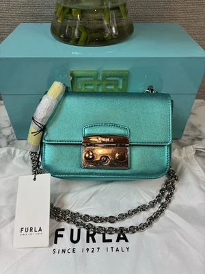 NWT Furla Metallic Turquoise Leather Metropolis Mini Crossbody Bag - Image 1 of 4