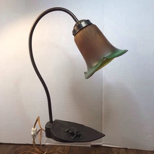 Vintage Tiffany Style Lily Pond Amber Green Light Desk Table Lamp 15 Inch - Picture 1 of 14