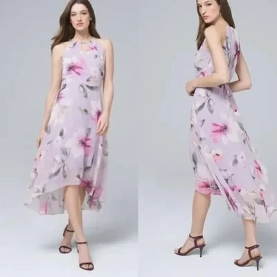 WHITE HOUSE BLACK MARKET Floral Print Purple Hi-Low Halter Midi Dress Size 2 - Image 1 of 4