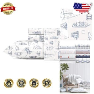 4-Piece Full Size Cotton Sheet Set with Nautical Print - Machine Washable - Picture 1 of 6