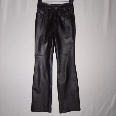 Newport News Vtg Leather Pants Women 6 Black Bootcut Pocket Rodeo Rock Biker - Image 1 of 4