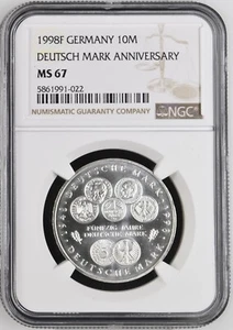 1998F GERMANY Silver 10 Mark 50th Anniversary of the Deutsche Mark- NGC MS 67 - Picture 1 of 2