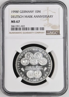 1998F GERMANY Silver 10 Mark 50th Anniversary of the Deutsche Mark- NGC MS 67 - Image 1 of 2