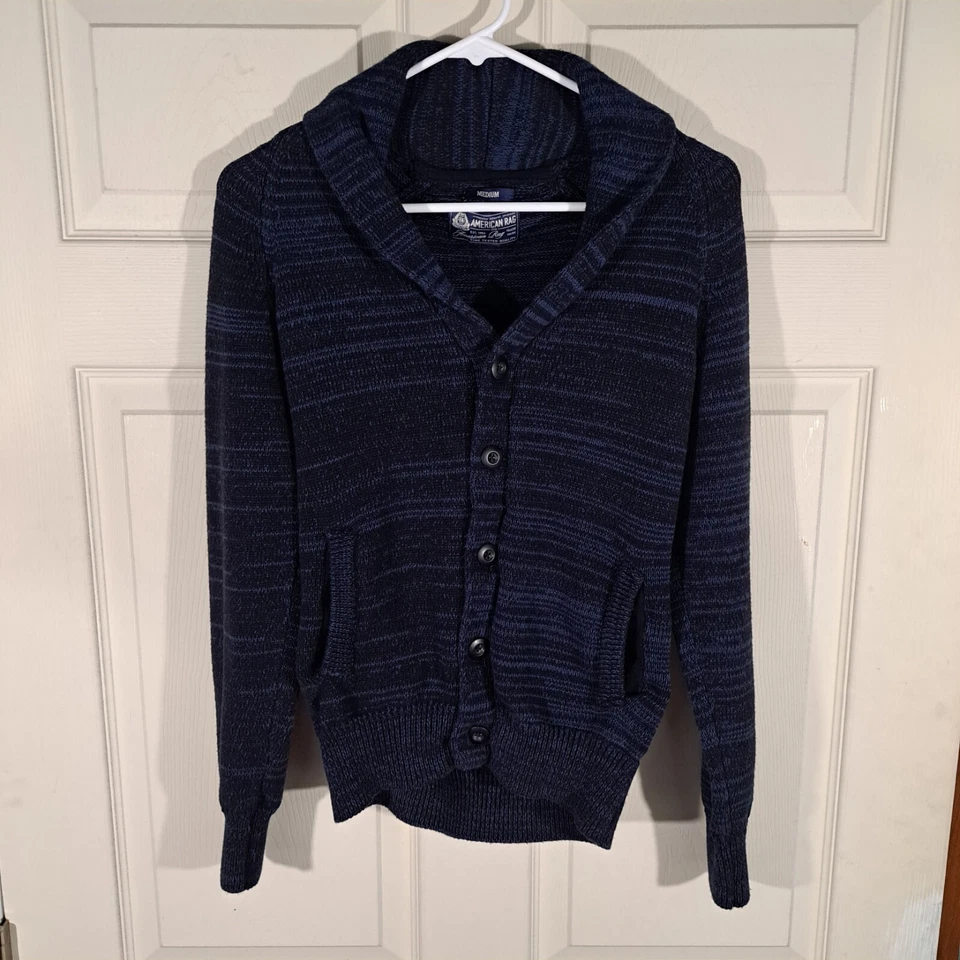 American Rag Cardigan Sweater Womens Size M Blue Black Button Front Long Sleeves - Image 1 of 4