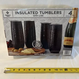 NEW DOUBLE STAINLESS STEEL INSULATED TUMBLERS MEMBERS MARK 4 BLACK W LIDS 14ozs. - Picture 1 of 8