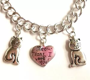 Katze Charm Armband MIOW bedeutet LIEBE Herz Kätzchen Dame 7,75" Rettung versilbert - Bild 1 von 12