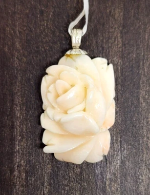 Carved Floral Angel Skin Coral Sterling Silver Pendant 1" Long - Image 1 of 4