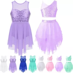 Girls Sequins Dance Dress Lyrical Ballet Tutus One Shoulder Crop Top Skirt Sets - Picture 1 of 46