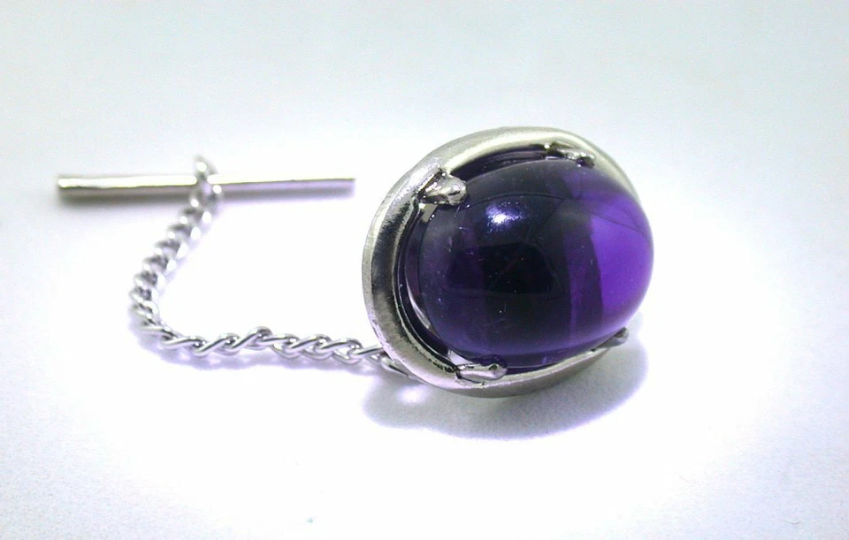 Natural 18x13 Oval Amethyst Cab Gemstone Silver Color Tie Tack EPTT389/31524 - Image 1 of 2