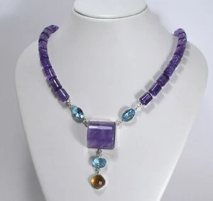 COLLANA IN ARGENTO 925 CILINDRI AMETISTA NATURALE TOPAZIO E CITRINO AGLN 0241 - Foto 1 di 3