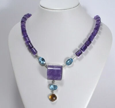 COLLANA IN ARGENTO 925  CILINDRI AMETISTA NATURALE TOPAZIO E CITRINO   AGLN 0241 - Immagine 1 di 3