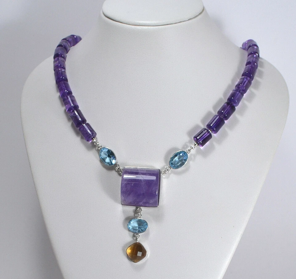 COLLANA IN ARGENTO 925  CILINDRI AMETISTA NATURALE TOPAZIO E CITRINO   AGLN 0241 - Immagine 1 di 3