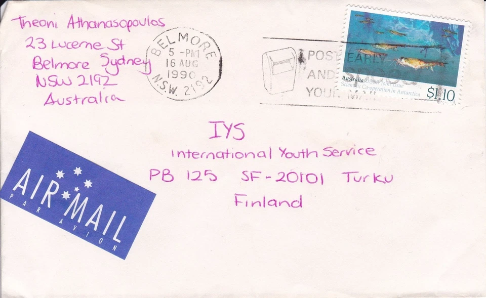 BD26) Cubierta de correo aéreo a Finlandia con rodamiento: $1,10 Ciencia Antártica, precio $6 Foto 1 de 1