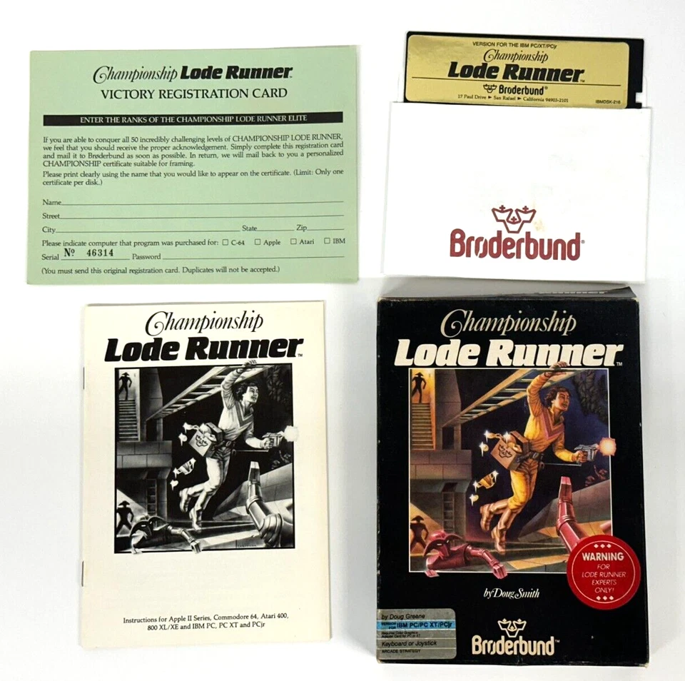 Championship Lode Runner by Broderbund for IBM PC/PC XT/PCJR with Box & Inserts - Image 1 of 4