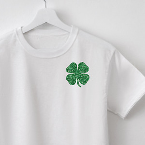 Lucky Clover Symbols Green Glitter Iron On Label T-shirt Transfer Shamrock