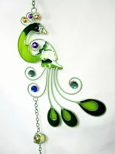 Peacock Mini Wind Chime Hand Painted Metal /w Glass Yard & Garden Decor (green) - Picture 1 of 3