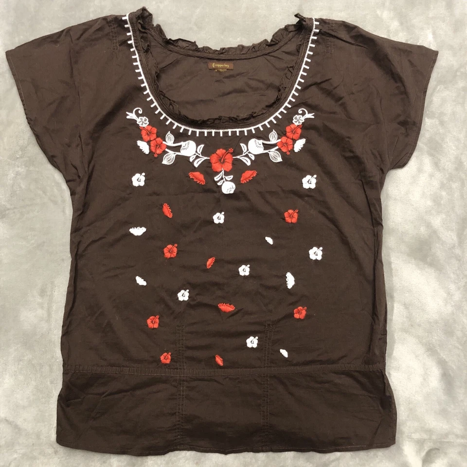 Copper Key Top Women’s M Brown Floral Embroidered Blouse Peasant Boho Ruffle Y2K - Image 1 of 4