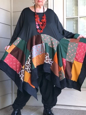 PATCHWORK  BOHO ARTSY UPCYCLE LAGENLOOK  ASYMMETRICAL OVERSIZE TUNIC NECKLACE  - Image 1 of 4