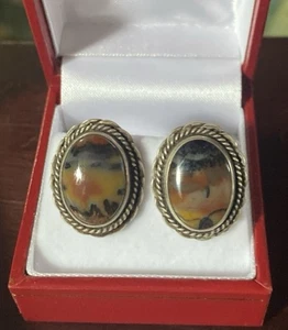 Vintage AGATE Natural STONE Cabochon EARRINGS - Sterling SILVER Clip - BEAUTIFUL - Picture 1 of 8