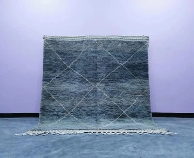 Handmade Moroccan Wool Rug Color Blue and Grey Geometric Style Area Carpet Rug - Image 1 of 4