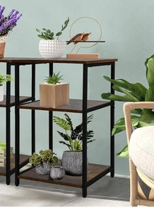 Metal Frame End Table with Storage Shelves, 1-Pack, Rustic Brown - Picture 1 of 2