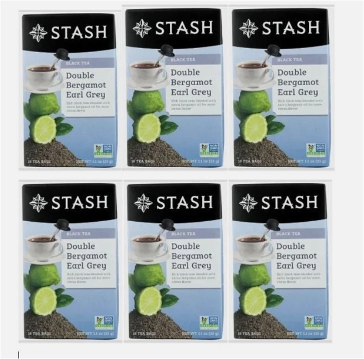 (PAQUETE DE 6) Alijo de té negro doble bergamota Earl Grey 18 bolsitas de té cada una Foto 1 de 1