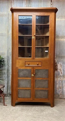 Primitive Glass Front Corner Cabinet, Display Case, Kitchen Pantry Cupboard - Image 1 of 4