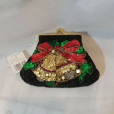 Bolsa de moedas feminina Liz Claiborne nova com etiquetas Holiday Bells lantejoulas estojo de batom com miçangas - Imagem 1 de 4